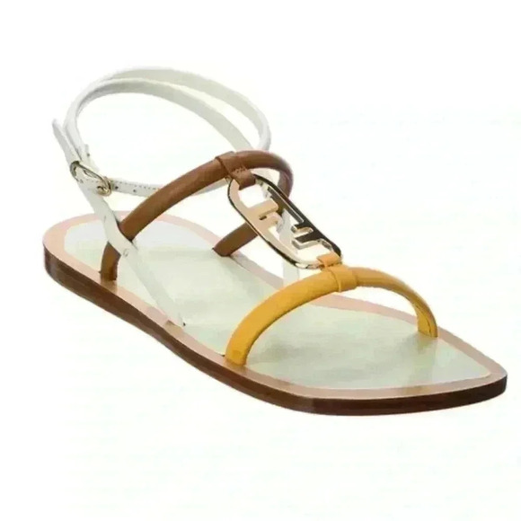 Fendi O'Lock Leather Colorblock Sandals Size 37.5 - Picture 1 of 13